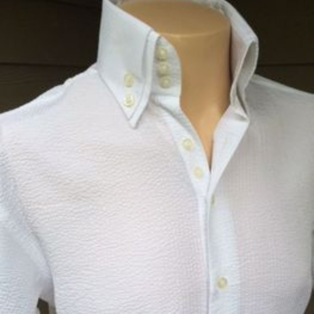 MorCouture White Seersucker Short Sleeve High Collar Shirt